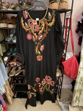 Black Embroidered Floral Maxi Dress